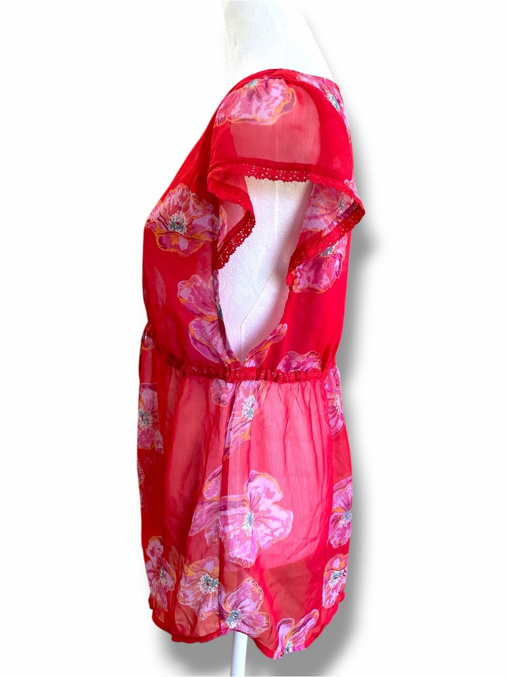 NWOT Free People Cecile Printed Sheer Floral Tie Front Top Red Pink Size Small - Picture 7 of 14